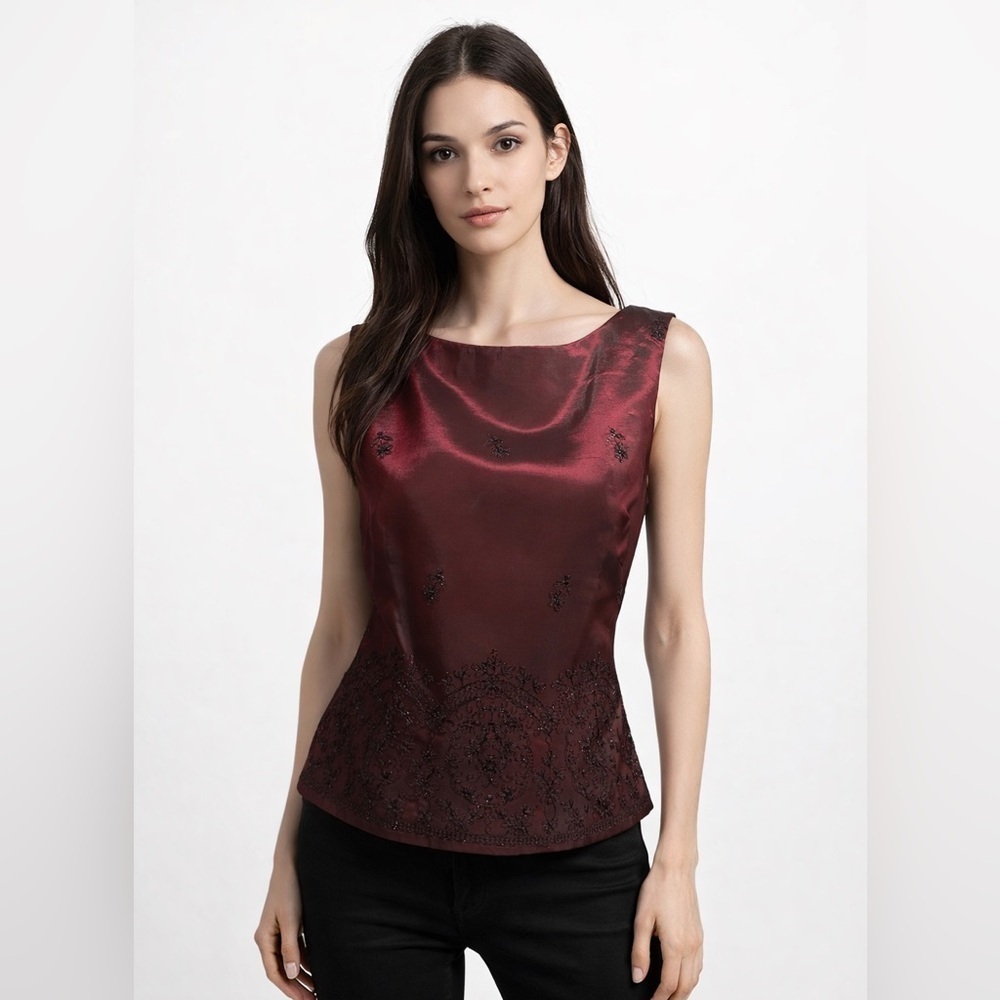 J.R. Nites Top Women’s Size 14 Sleeveless Crimson Iridescent Zip Up Back Lined